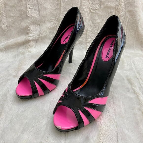Vintage Monster High Draculaura Inspo Black Pink Peep Toe Stiletto Heels Sz 7.5 - Picture 1 of 11